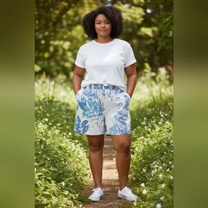 C&C California White Shorts with Blue Botanical Print 100%linen